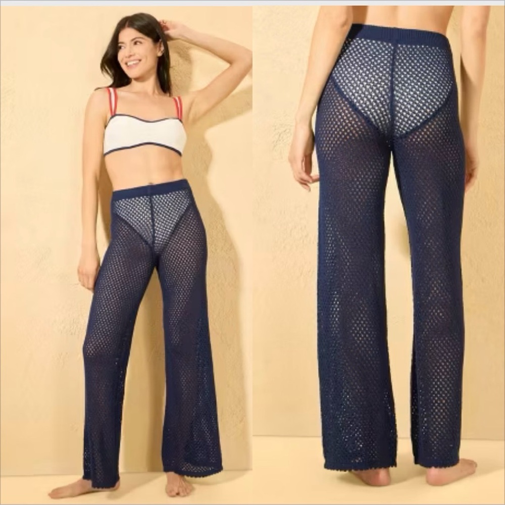 NWT Shade Shore Navy Blue Crochet Cover-Up Pants Size Small Beach Resort Wide